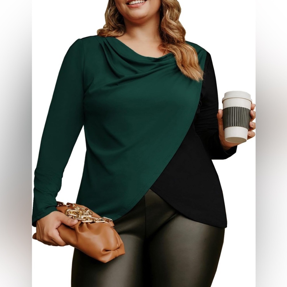 Hanna Nikole Plus Size Top T-Shirts Cowl Neck Color Block Business Casual Blouse